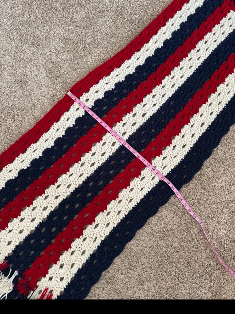 Hand Knit Crochet Red/White/Blue Blanket with tassels - Picture 6 of 12